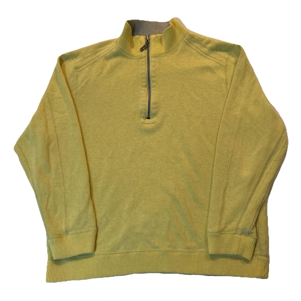 Tommy‎ Bahama Pullover Mens XL Yellow Grey Reversible Quarter Zip Ribbed Sweater